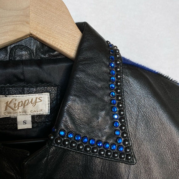 Kippys Black Western Leather Jacket with Blue Calf Hair and Rhinestones Small - Picture 11 of 16
